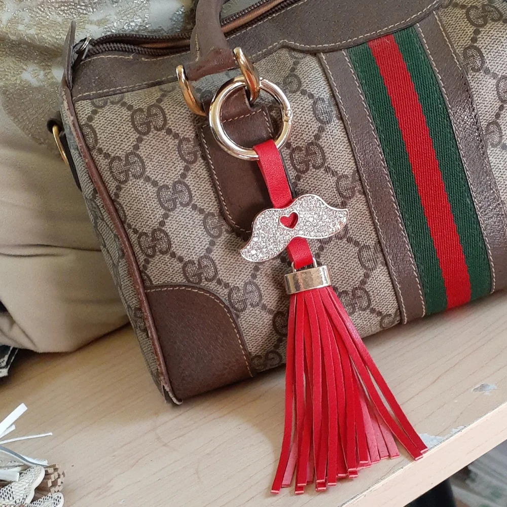 BAG CHARM TASSEL Crystal‎ Mustache Key Chain Bag Charm  RED - GREAT GIFT IDEA!!